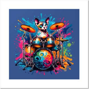 Devon Rex Cat Playing Drums Posters and Art